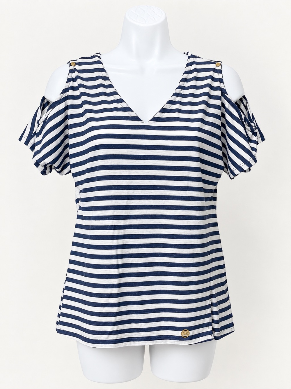 Striped Cold-Shoulder V-Neck Top - Navy & White Michael kors